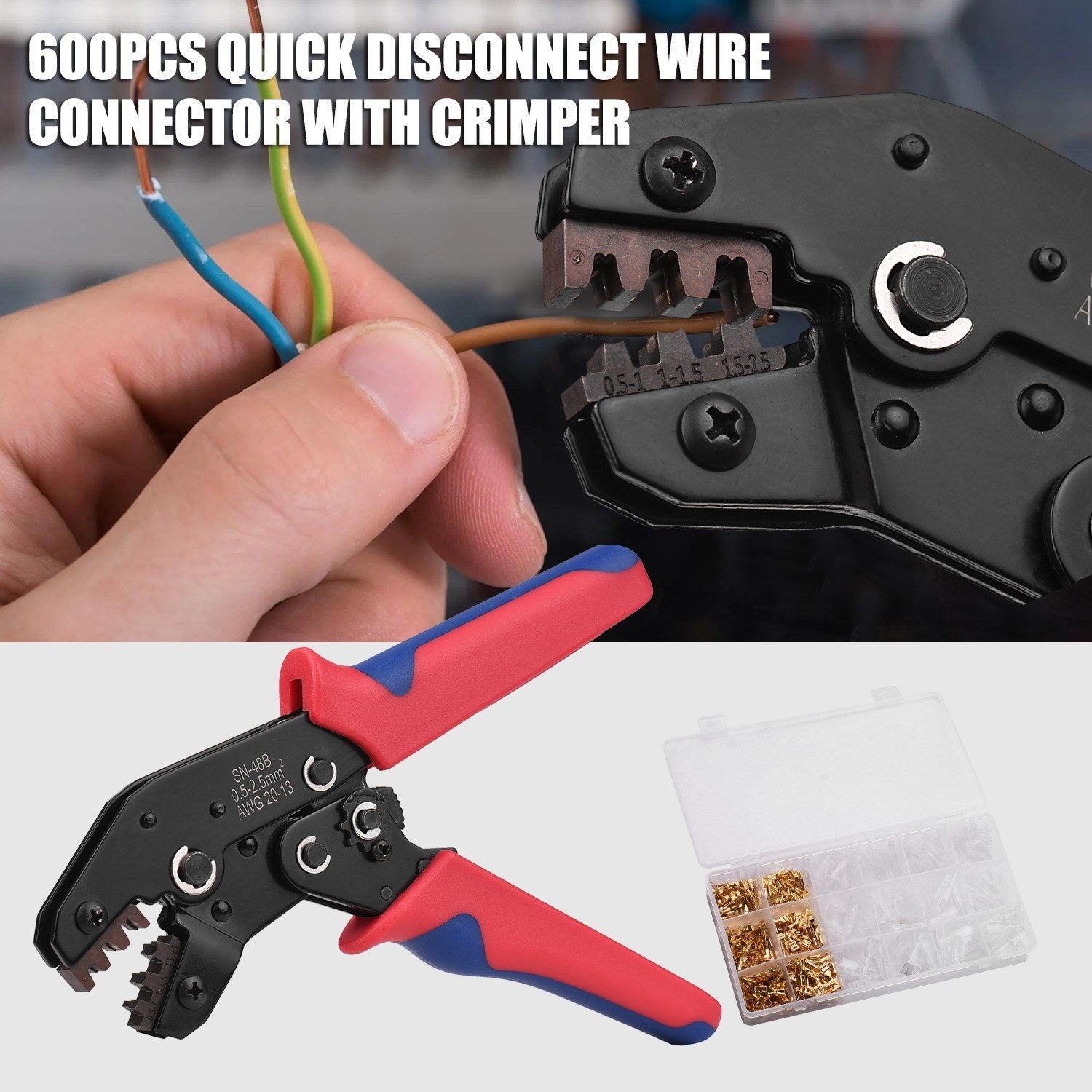 600Pcs Assorted Male and Female Wire Connector Set with Crimper Quick Disconnect Connectors Cold-Pressed Crimp Terminals for Electrical Wiring