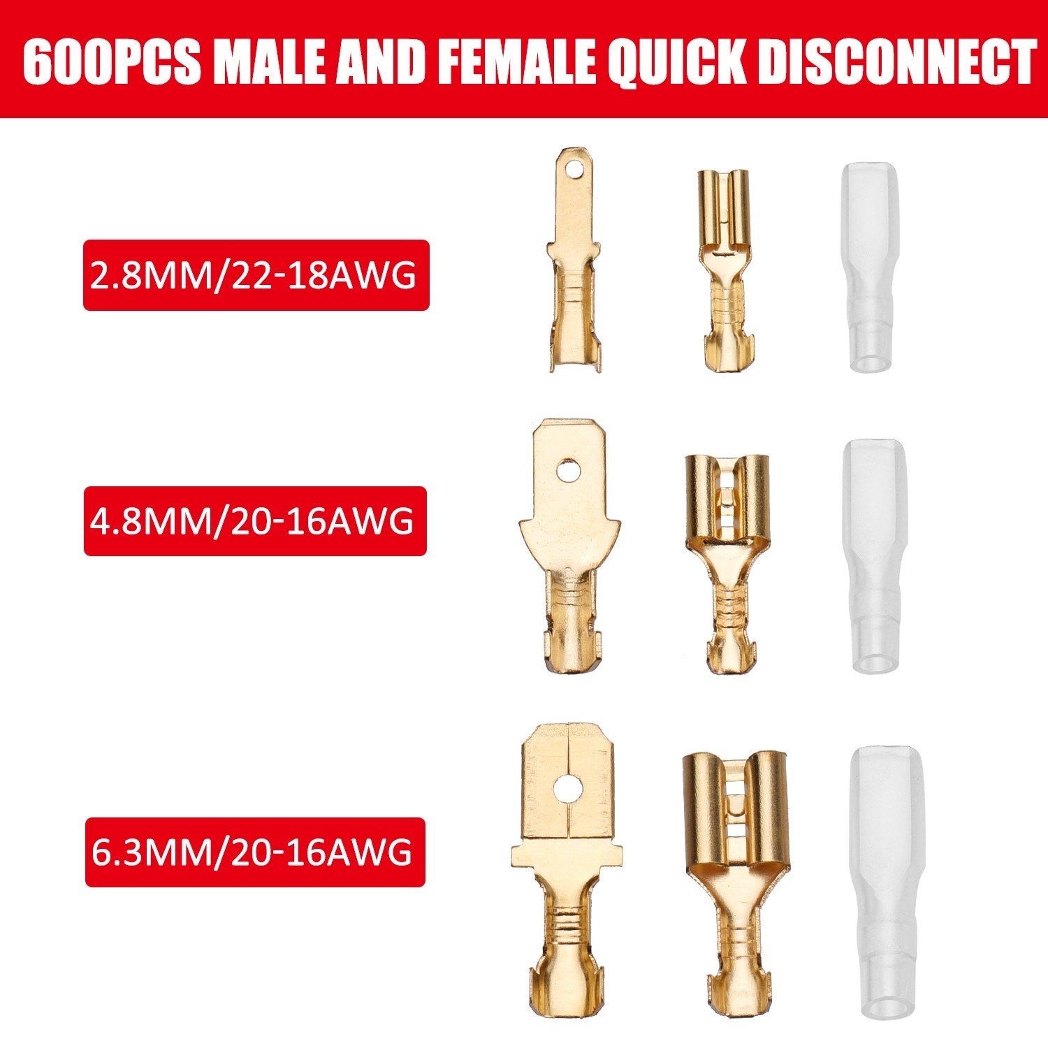 600Pcs Assorted Male and Female Wire Connector Set with Crimper Quick Disconnect Connectors Cold-Pressed Crimp Terminals for Electrical Wiring