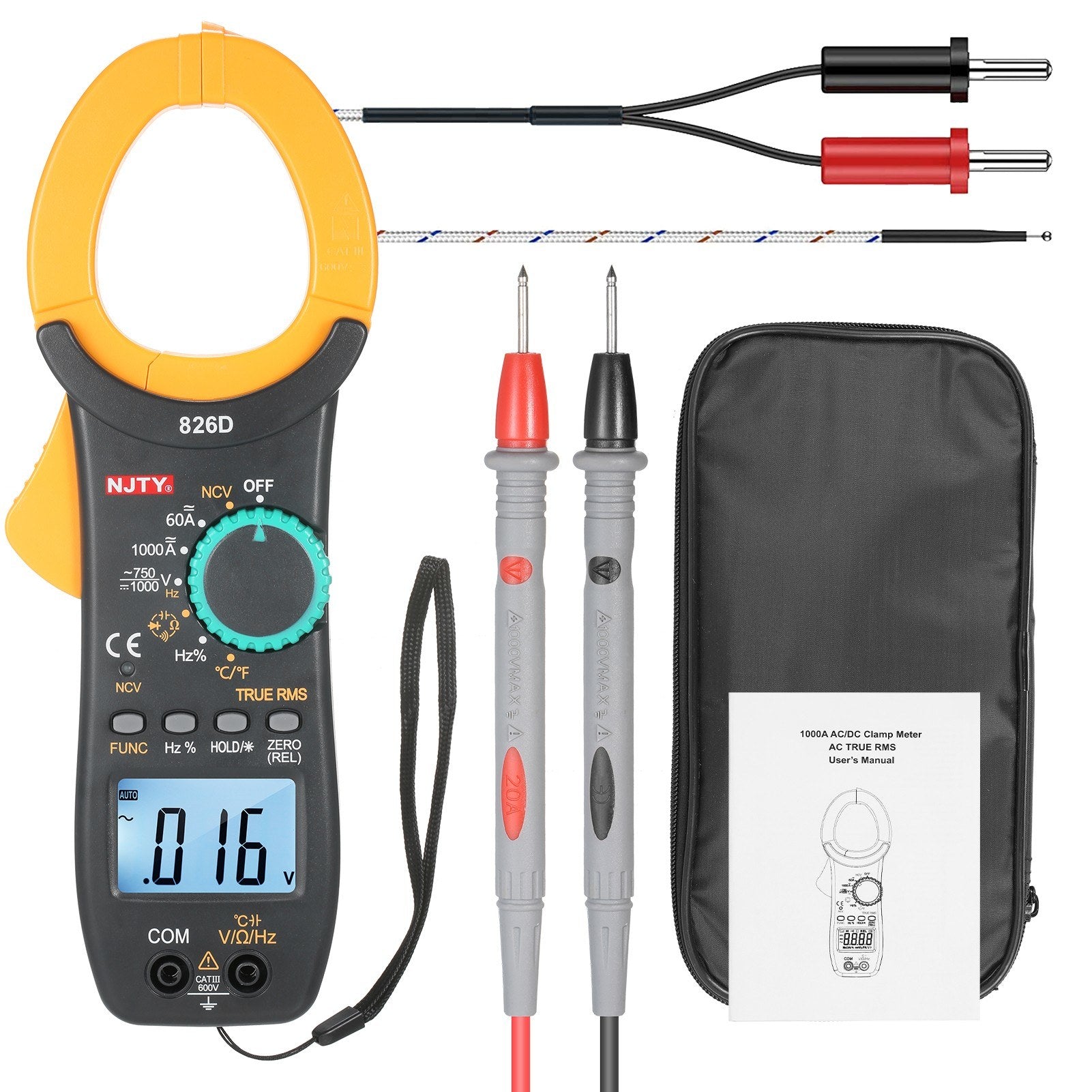 1000A AC Clamp Meter Auto Range 6000 Counts 1.9-inch LCD Digital True RMS NCV Type Universal