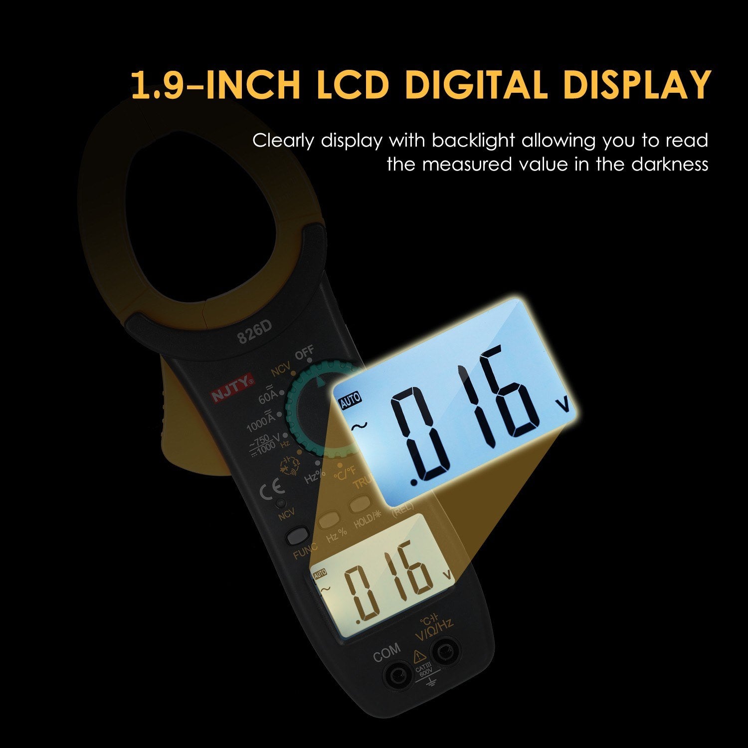 1000A AC Clamp Meter Auto Range 6000 Counts 1.9-inch LCD Digital True RMS NCV Type Universal