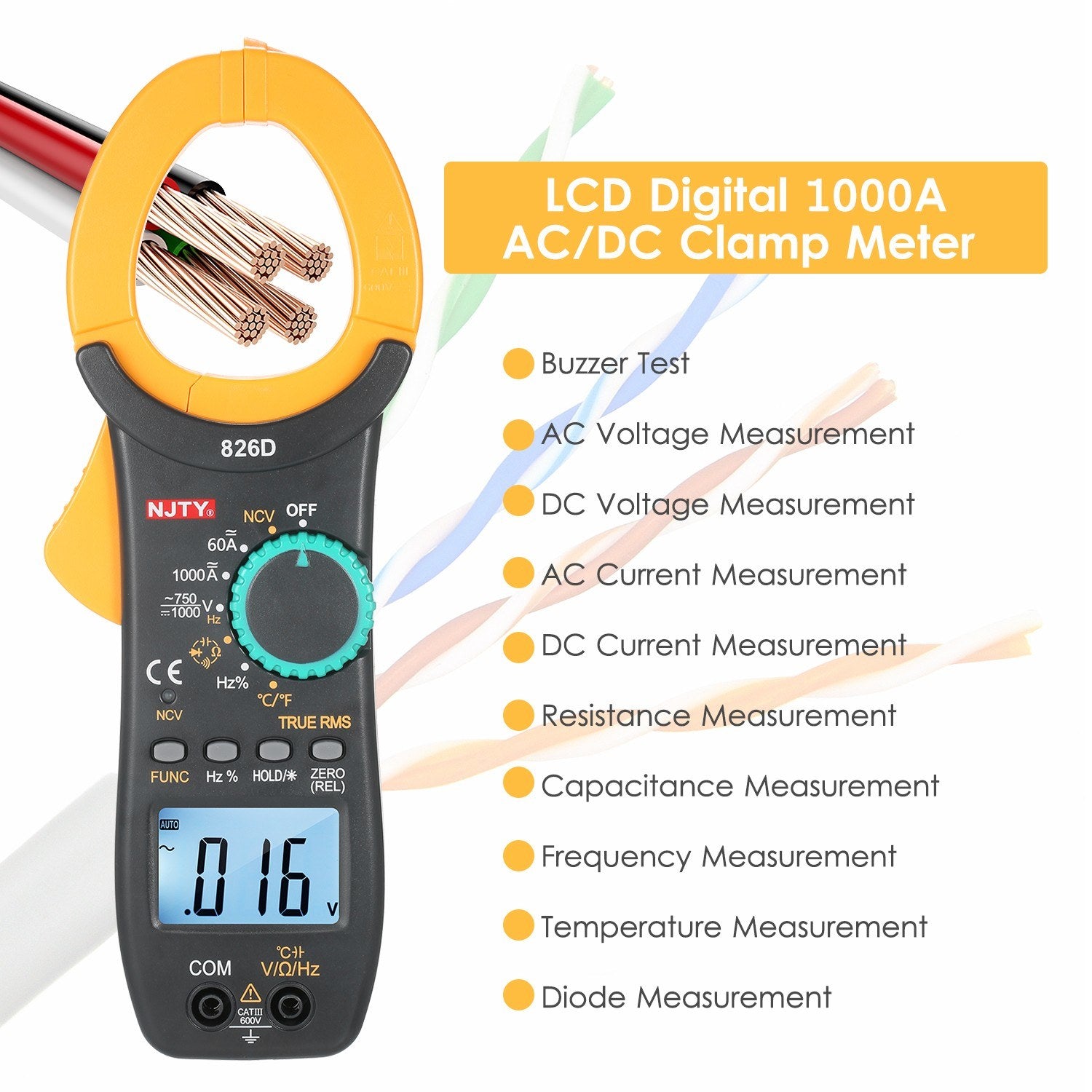 1000A AC Clamp Meter Auto Range 6000 Counts 1.9-inch LCD Digital True RMS NCV Type Universal