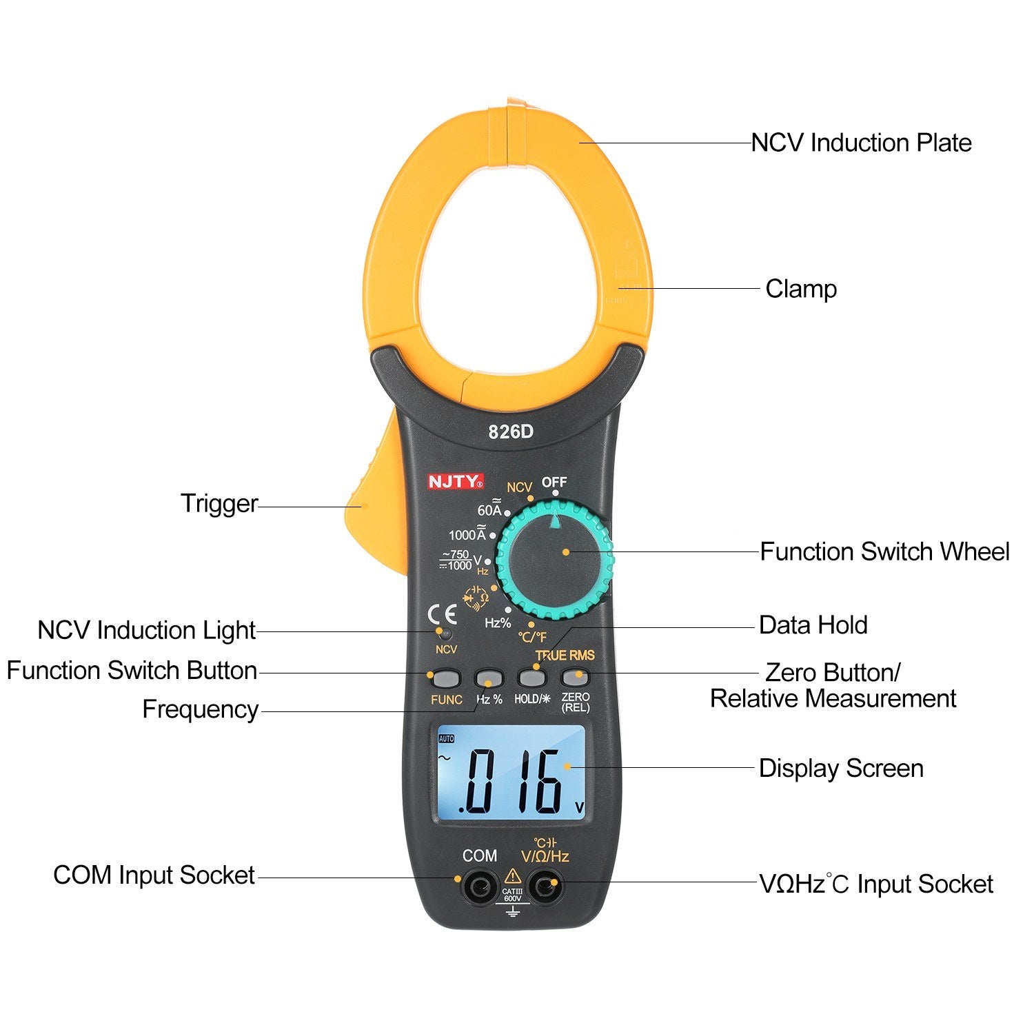 1000A AC Clamp Meter Auto Range 6000 Counts 1.9-inch LCD Digital True RMS NCV Type Universal