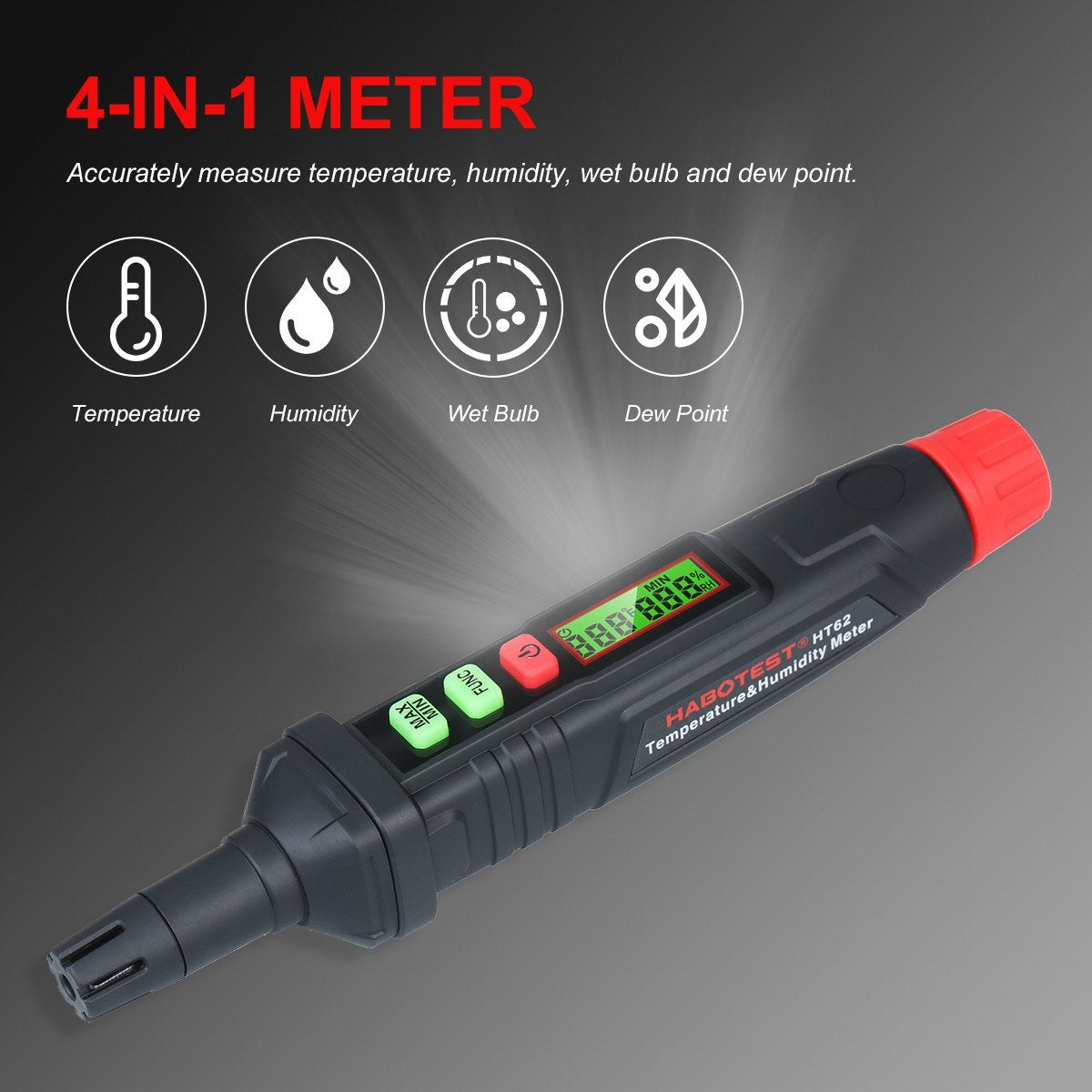 4-in-1 Digital Psychrometer Portable Thermo-Hygrometer Mini Temperature and Humidity Meter Pen with Dew Point Wet Bulb (Battery Not Included)