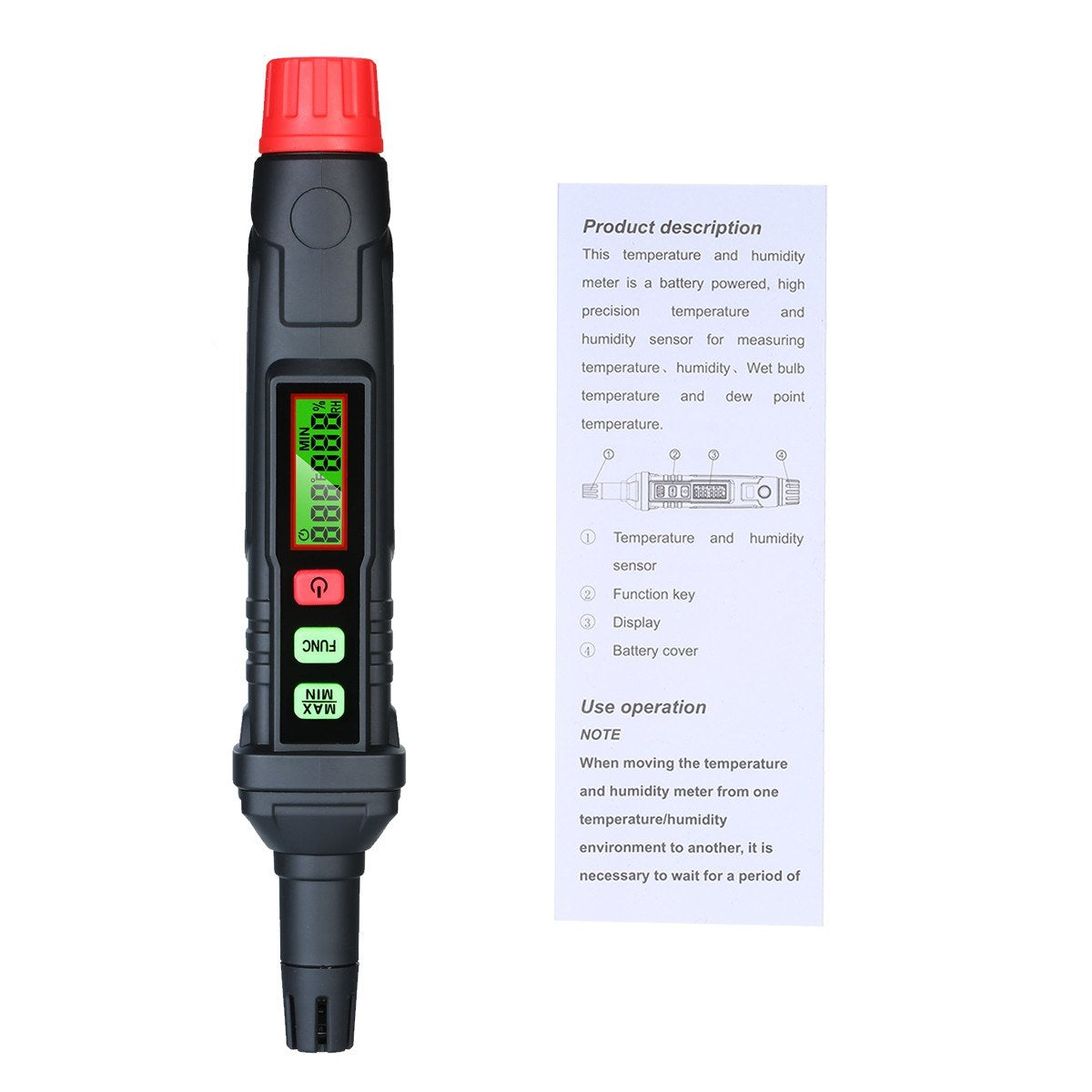 4-in-1 Digital Psychrometer Portable Thermo-Hygrometer Mini Temperature and Humidity Meter Pen with Dew Point Wet Bulb (Battery Not Included)