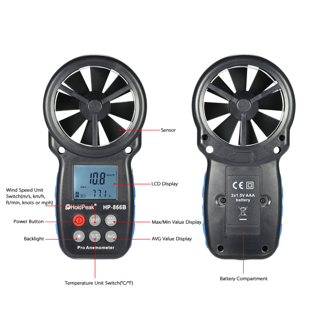 Mini LCD Digital Anemometer Wind Speed Air Velocity Temperature Measuring with Backlight