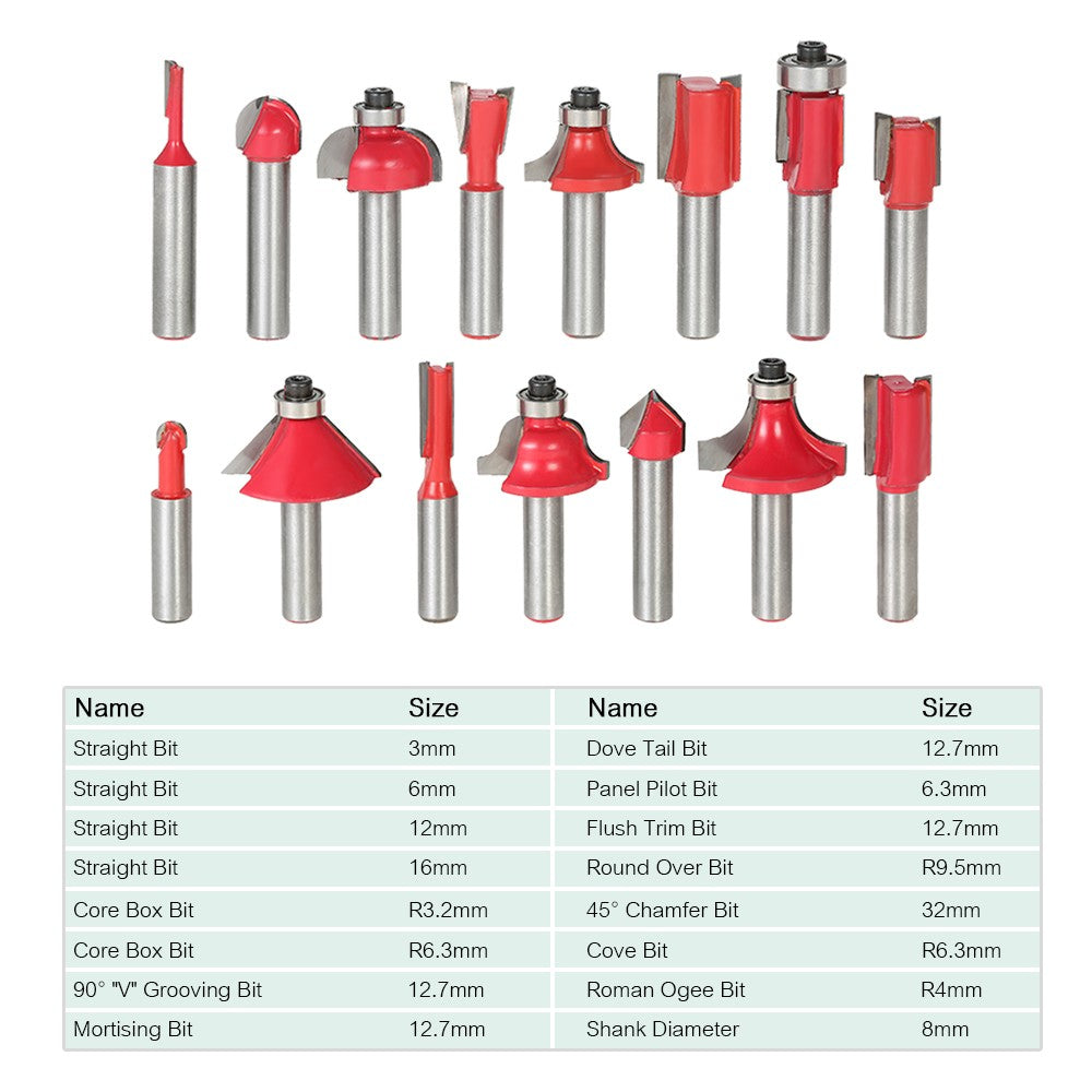 Milling Cutter Router Bit Set 8mm for Floor Handmade Engraving Cutting 15PCS