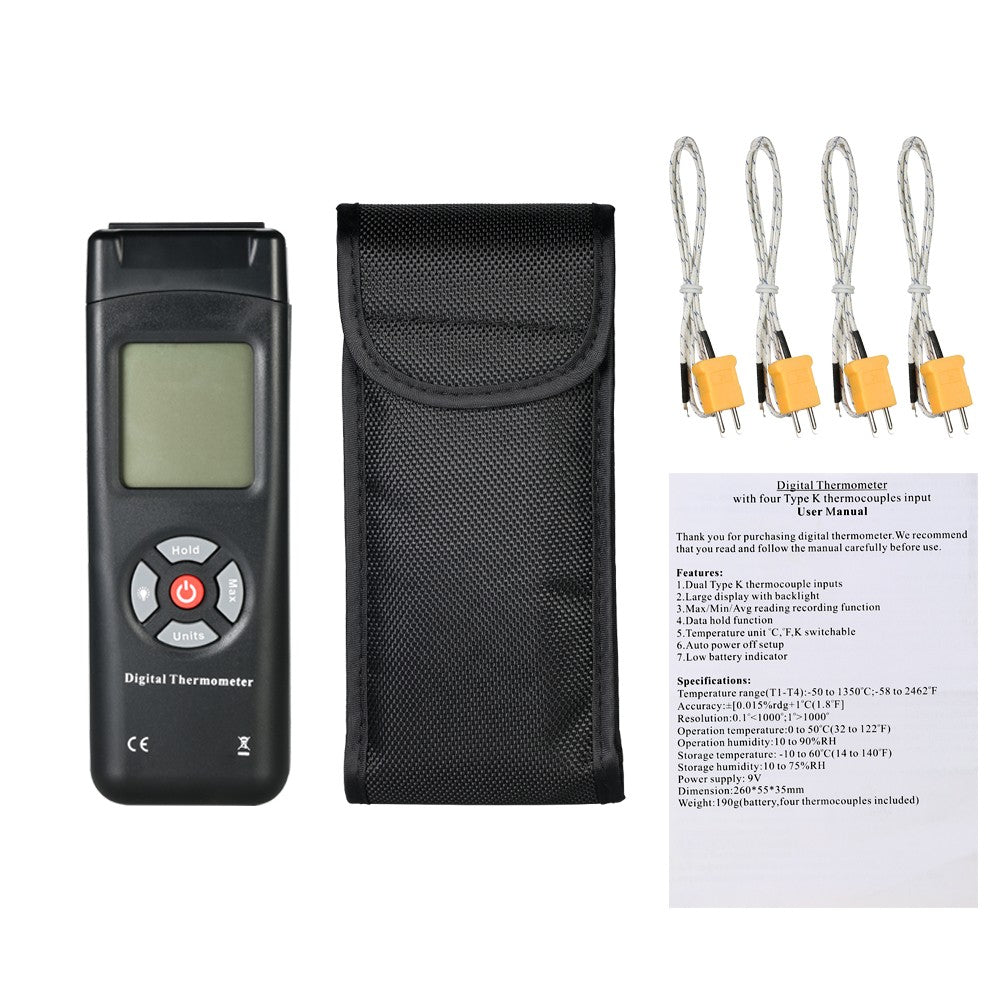 4-Channel K-Type Digital LCD Thermometer Thermocouple Sensor -50~1350°C/-58~2462°F Data Hold Function