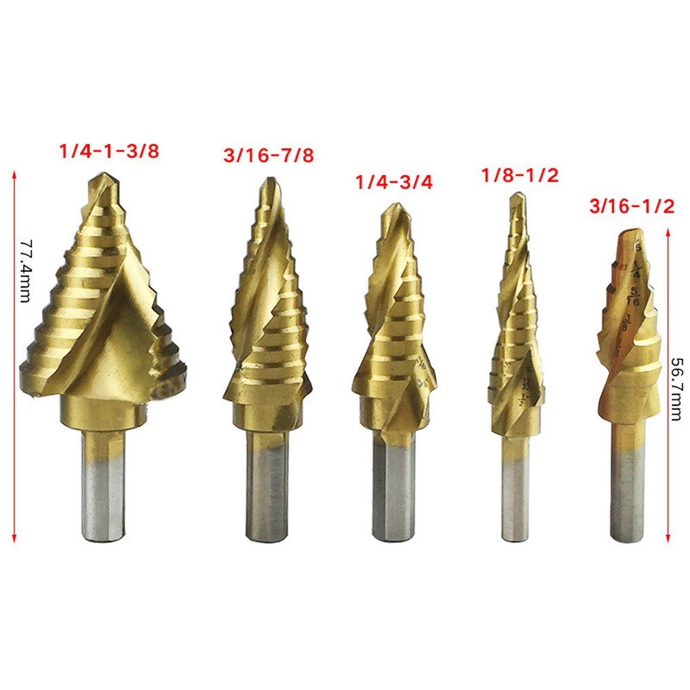 5pcs High Speed Steel Step Drill Bit Set Spiral Groove Round Shank Twist Drills Drilling Tool