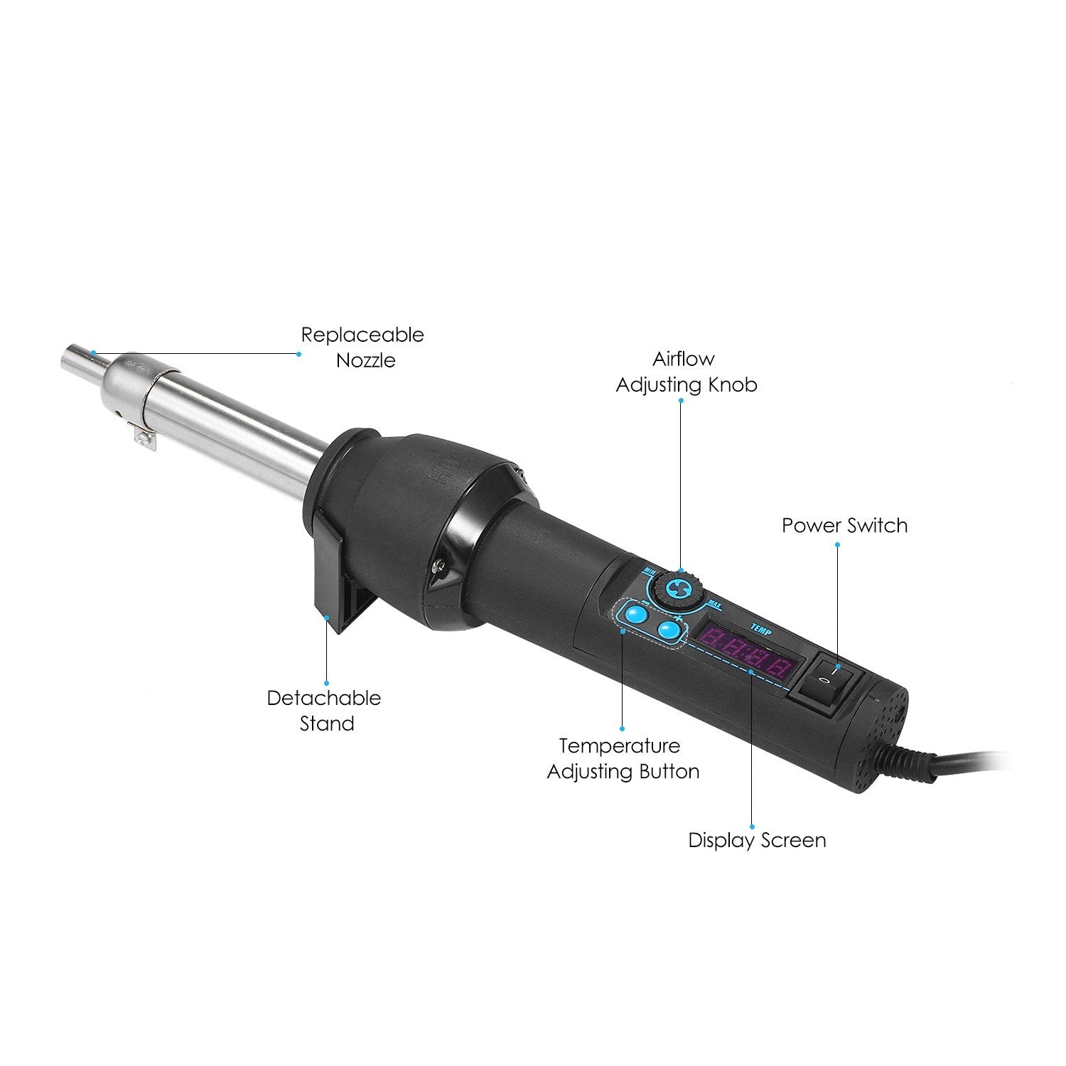 Digital Display Portable Hot Air Gun Heat Handheld Blower Heater Tool with 3 Nozzles