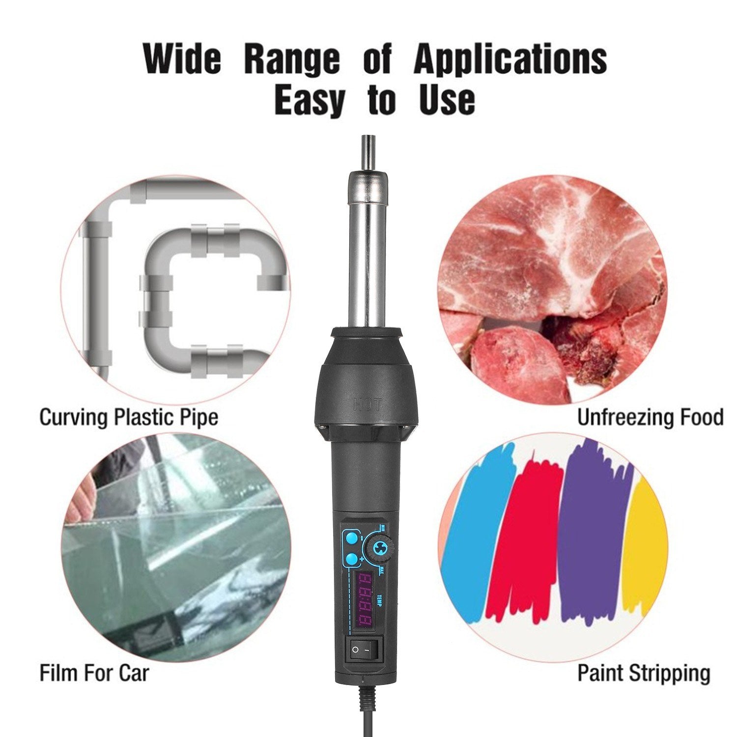 Digital Display Portable Hot Air Gun Heat Handheld Blower Heater Tool with 3 Nozzles
