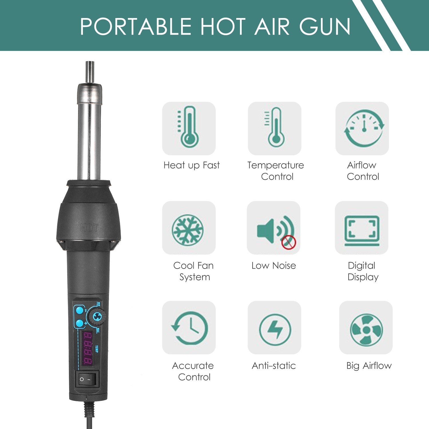 Digital Display Portable Hot Air Gun Heat Handheld Blower Heater Tool with 3 Nozzles