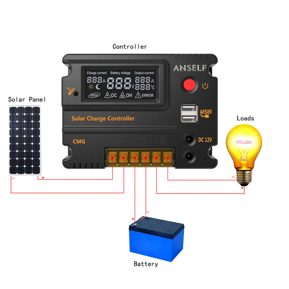 LCD Solar Charge Controller Auto Switch Overload Protection Temperature Compensation