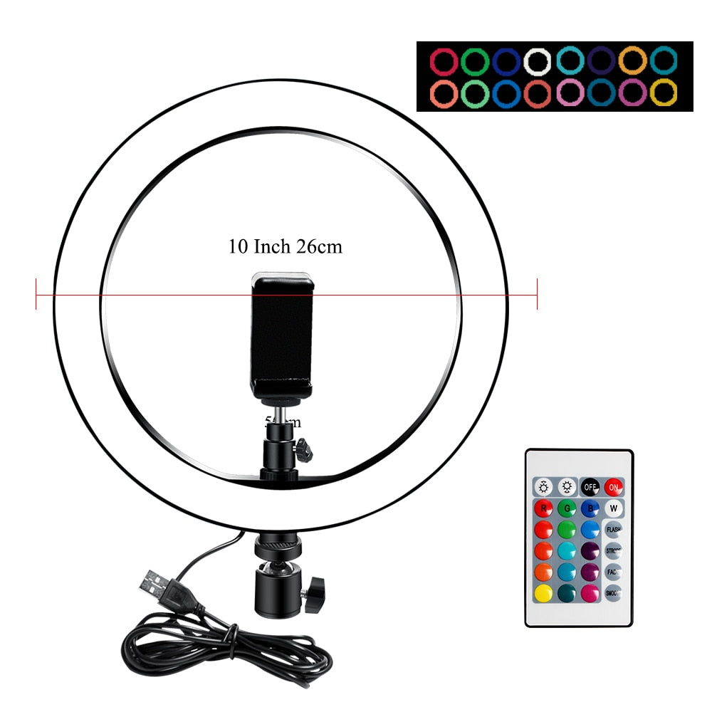 10" RGB Ring Lamp with Tripod Stand and Wireless Remote, 16 Light LED Colors