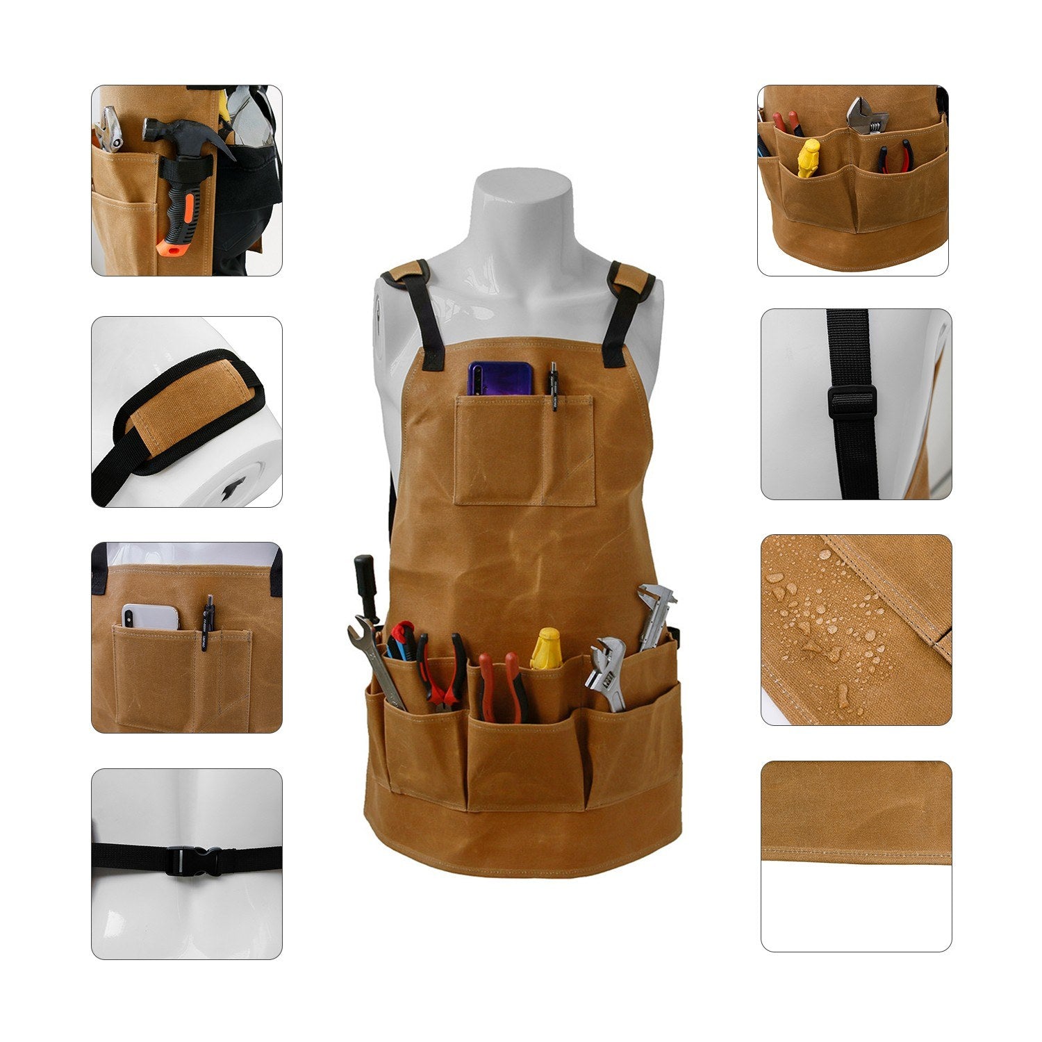 Garden Tool Apron Adjustable Waist with Pockets Waterproof Canvas Home Organizer