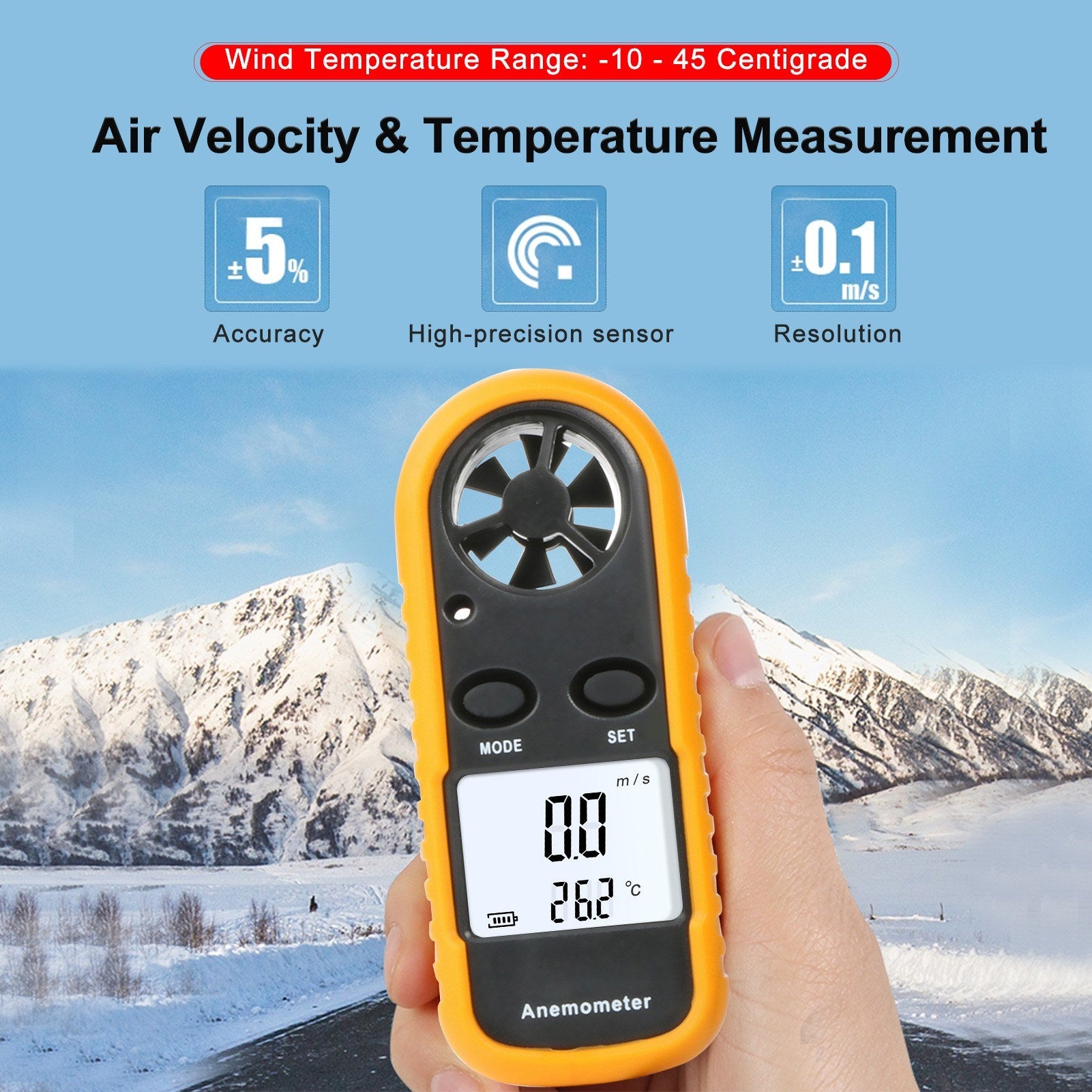 Handheld Wind Speed Meter Anemometer Portable Gauges Air Flow Thermometer