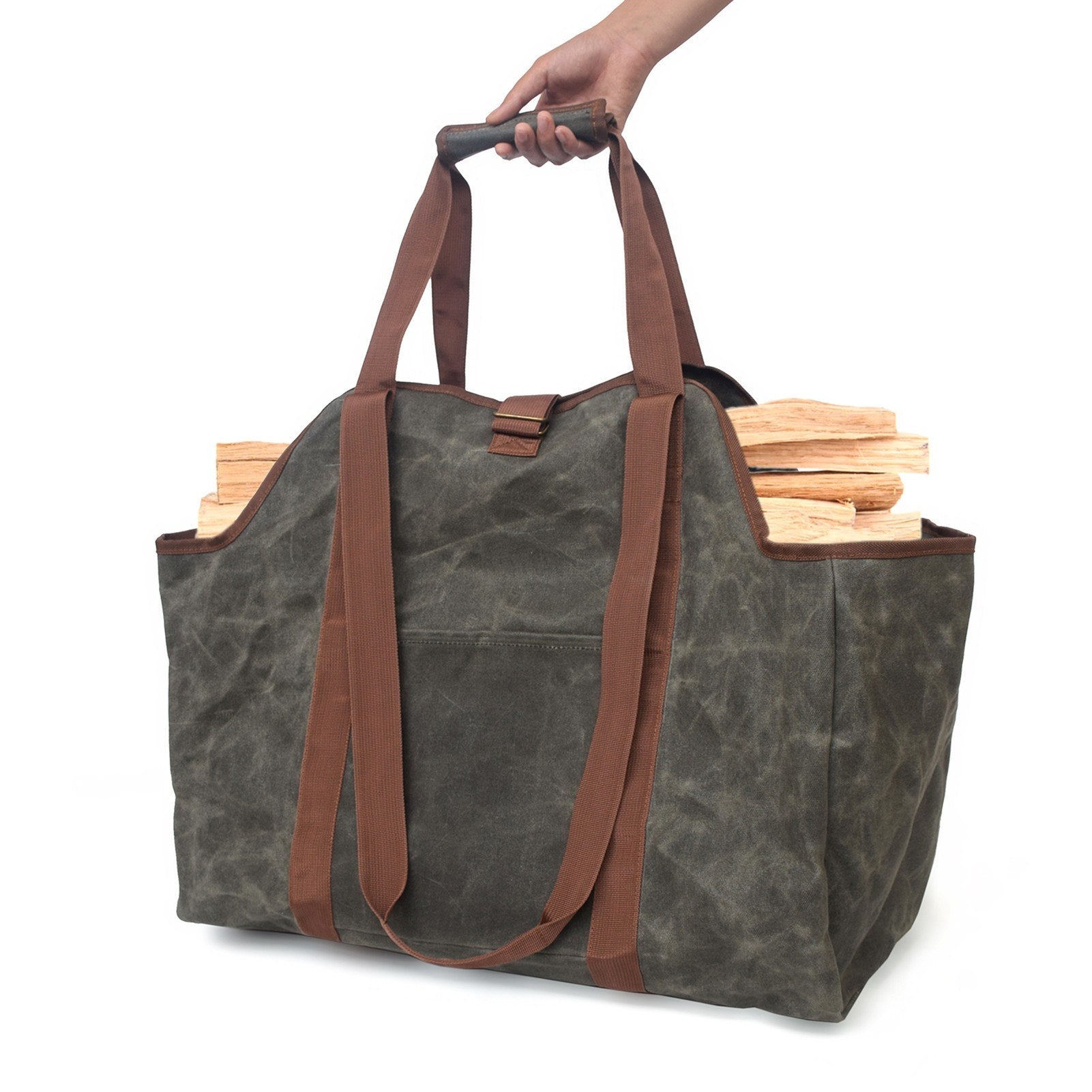 Large Firewood Bag Wax Canvas Log Carrier Tote with Pocket