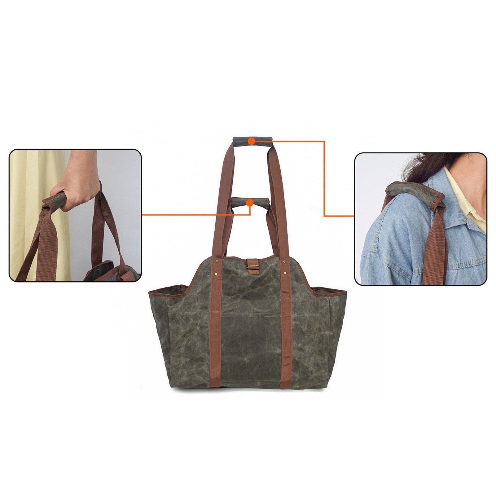 Large Firewood Bag Wax Canvas Log Carrier Tote with Pocket