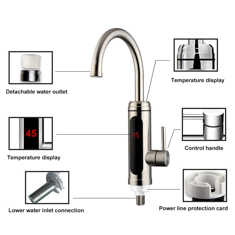 Electric Water Temperature Display Kitchen Tankless Instant Hot Faucet 3000W