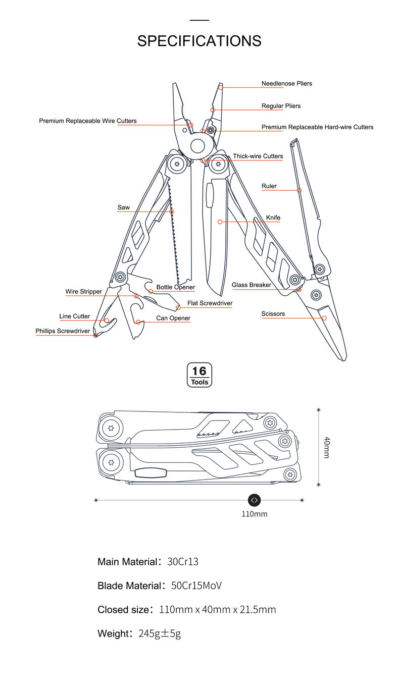 Folding Blade Knife Outdoor Tools Hand Set 16 IN 1 Multi-Tool Pliers Screwdrivers Can Opener Camping