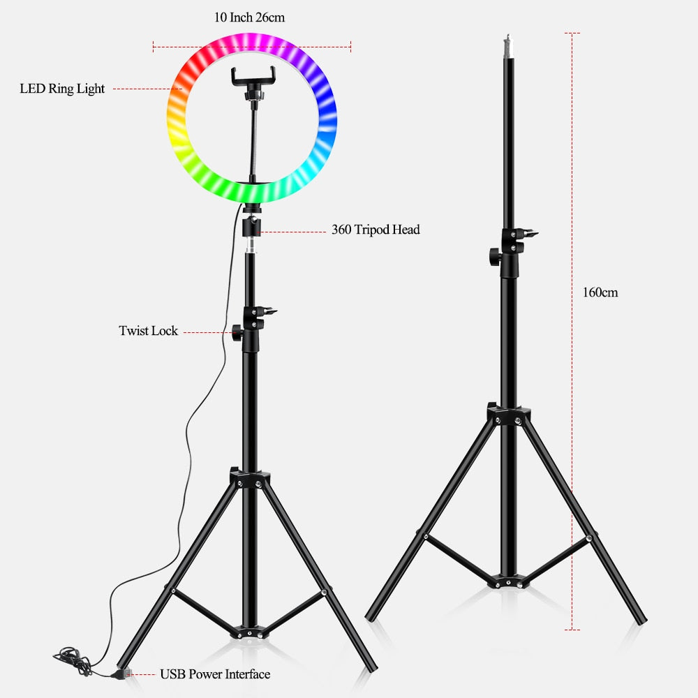 10" RGB Ring Lamp with Tripod Stand and Wireless Remote, 16 Light LED Colors
