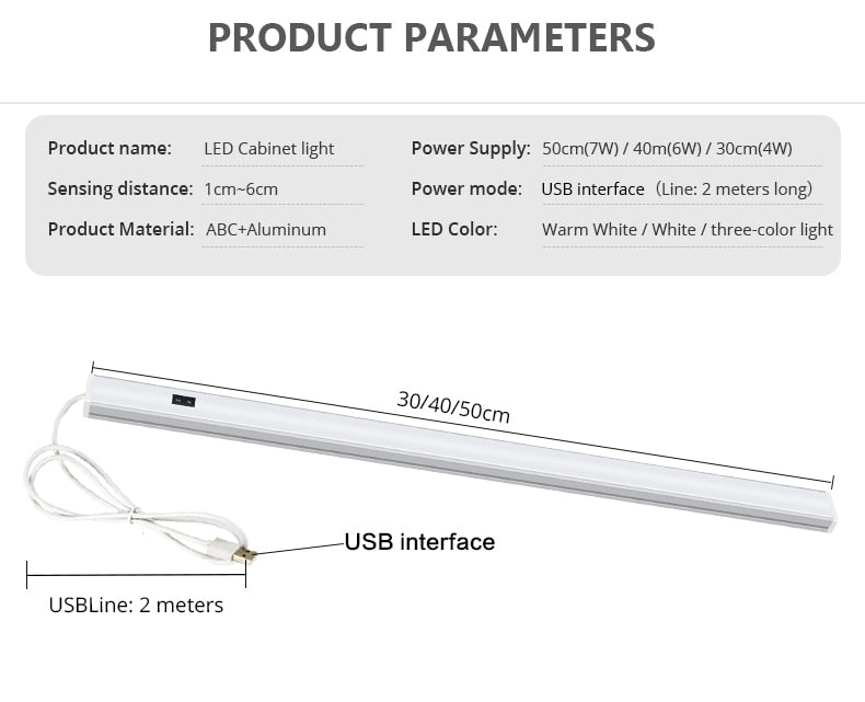 5V USB Powered Smart LED Kitchen Hand Sweep Sensor Lamp High Brightness Backlight for Cabinet Wardrobes Drawer 30/40/50 cm