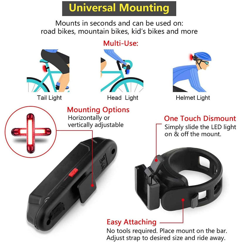Waterproof Bike Tail 500mAh Rear USB Charging 5 Modes Flashlight With COB Lamp
