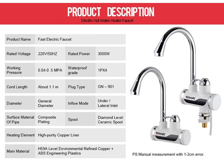 Instant Tankless Electric Water Heater Kitchen Heating Tap Faucet with LED