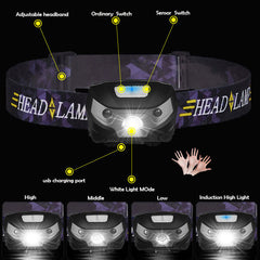6000Lms LED Headlamp Rechargeable Body Motion Sensor Headlight Camping Flashlight Head Light Torch Lamp With USB