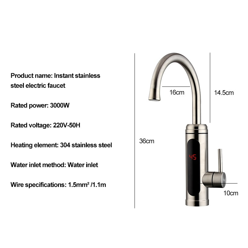 Electric Water Temperature Display Kitchen Tankless Instant Hot Faucet 3000W