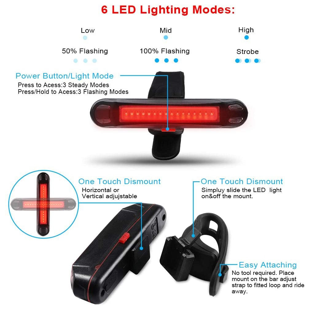 Waterproof Bike Tail 500mAh Rear USB Charging 5 Modes Flashlight With COB Lamp