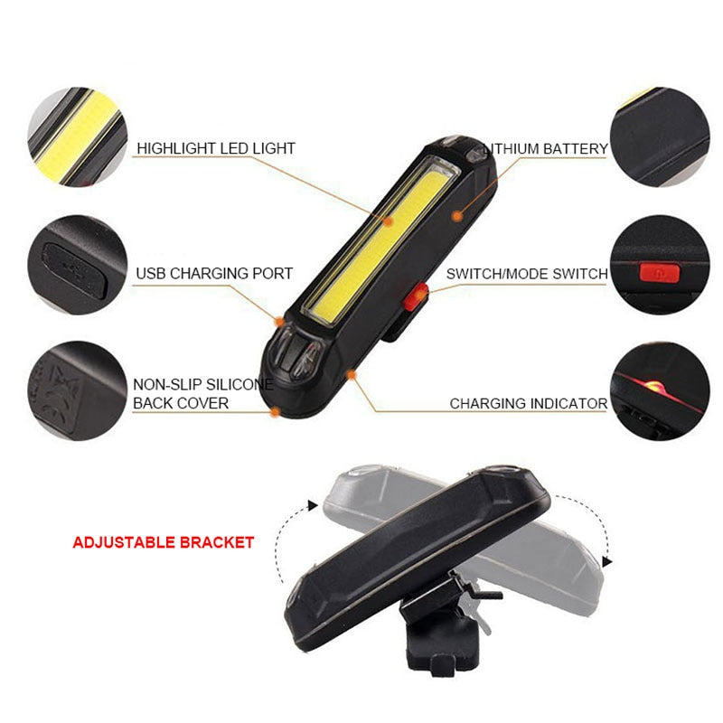 Waterproof Bike Tail 500mAh Rear USB Charging 5 Modes Flashlight With COB Lamp