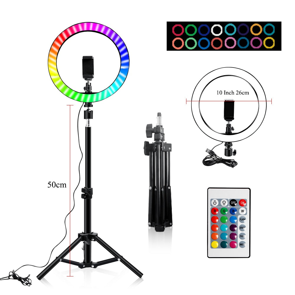 10" RGB Ring Lamp with Tripod Stand and Wireless Remote, 16 Light LED Colors