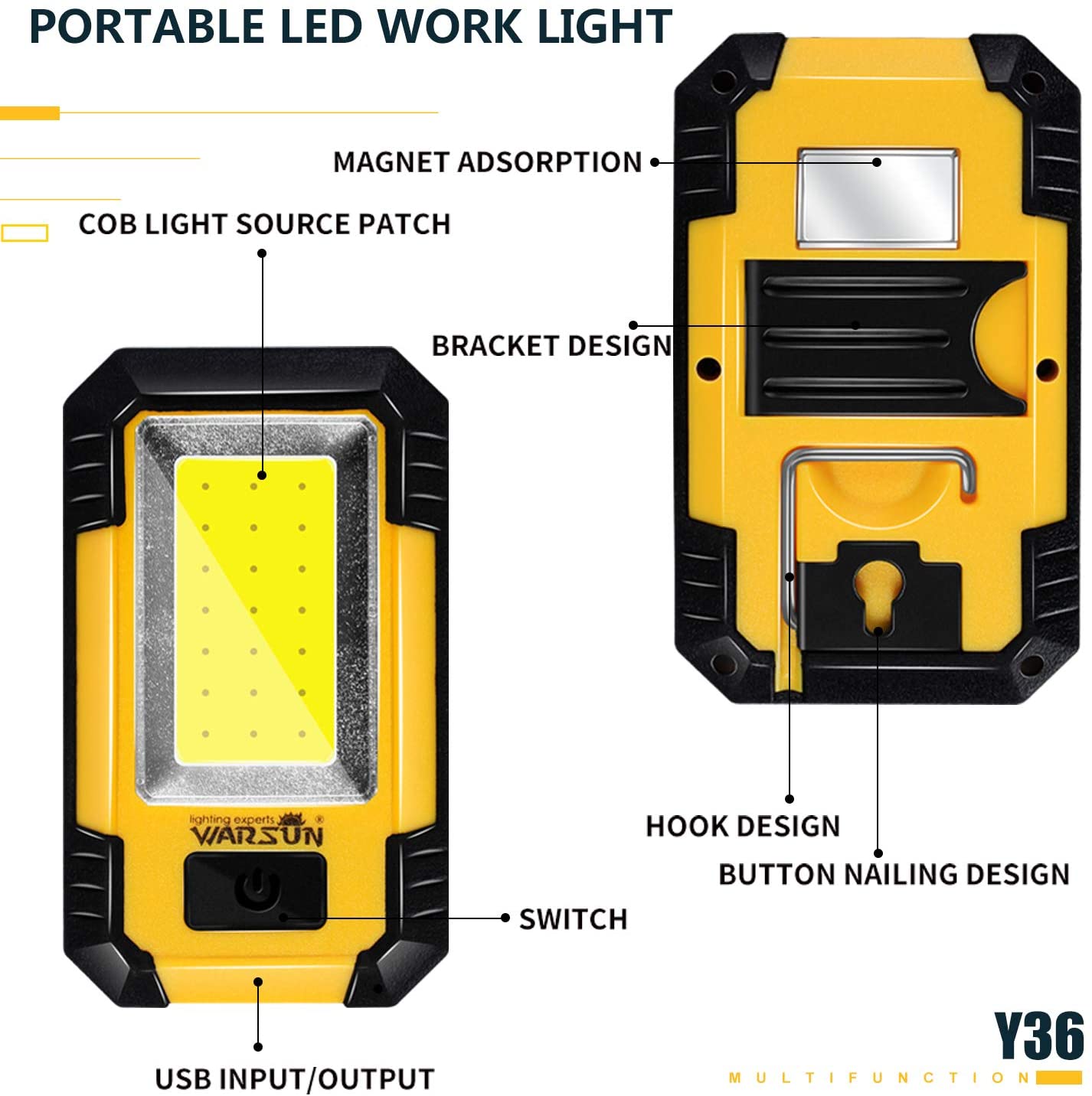 Portable LED Rechargeable Work Light Magnetic Base Hanging Hook 30W 1200Lumens Super Bright for Car Repairing Camping Fishing