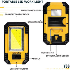 Portable LED Rechargeable Work Light Magnetic Base Hanging Hook 30W 1200Lumens Super Bright for Car Repairing Camping Fishing
