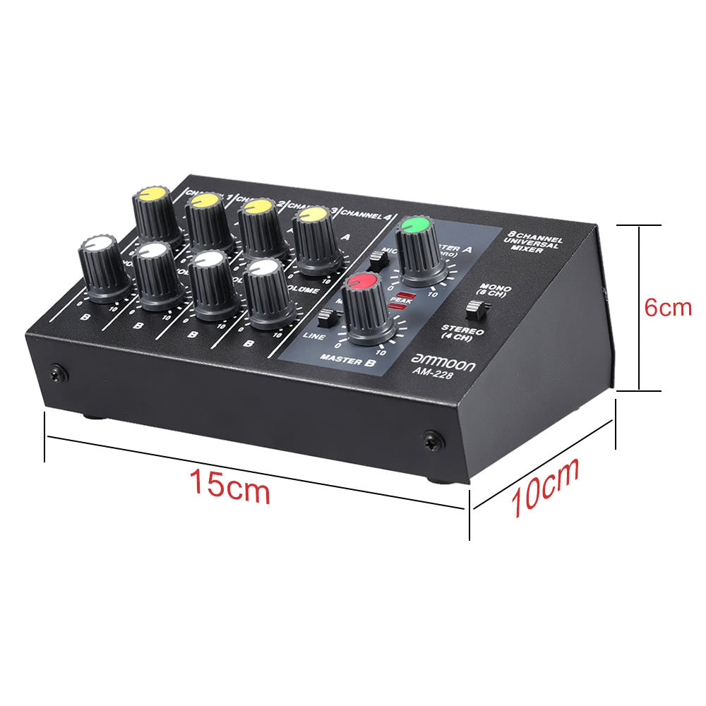 Ultra-compact Low Noise 8 Channels Metal Mono Stereo Audio Sound Mixer with Power Adapter Cable