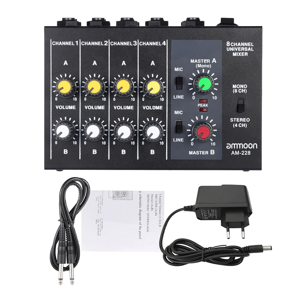 Ultra-compact Low Noise 8 Channels Metal Mono Stereo Audio Sound Mixer with Power Adapter Cable