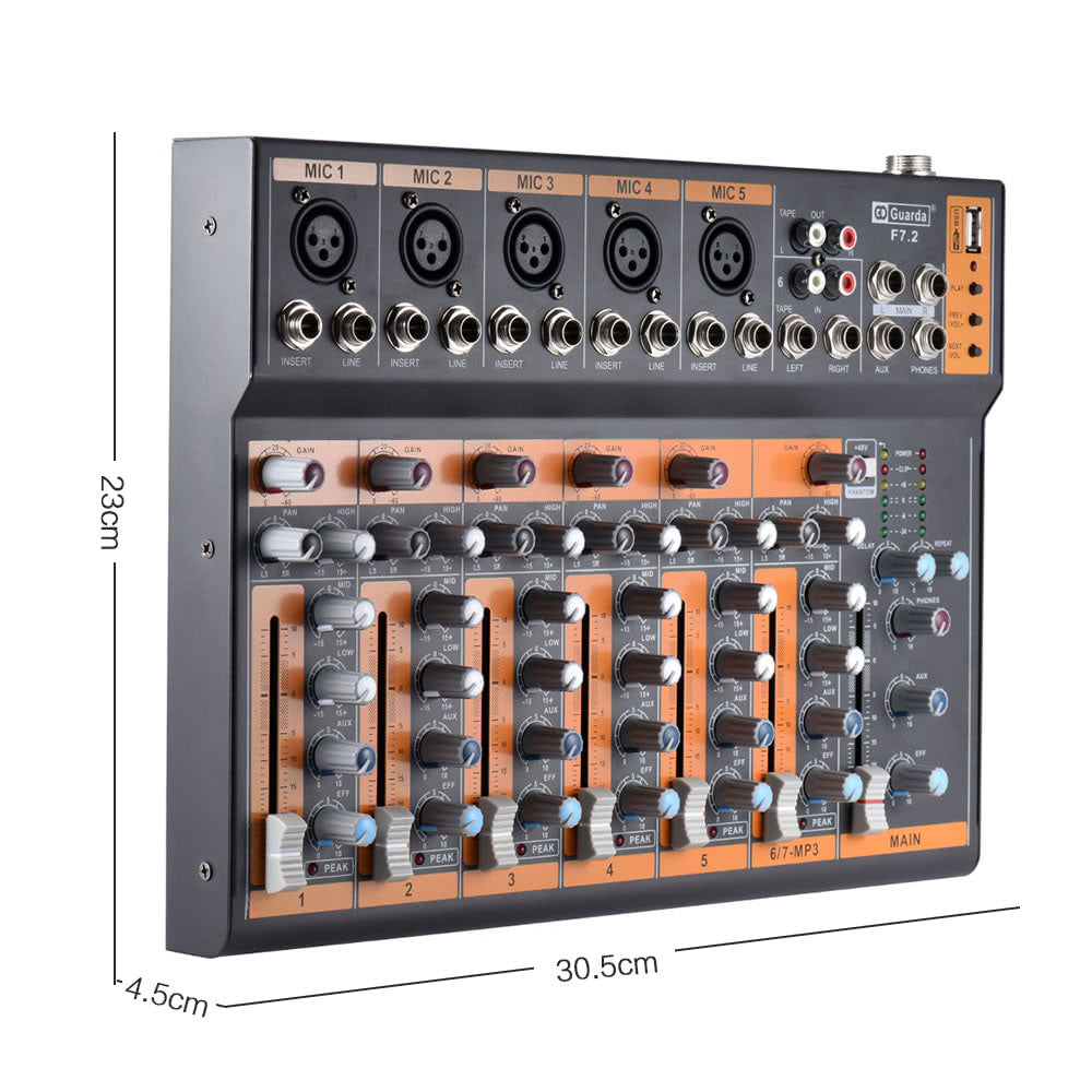 Portable 7-Channel Mic Line Audio Mixer Mixing Console 3-band EQ USB Interface 48V Phantom Power