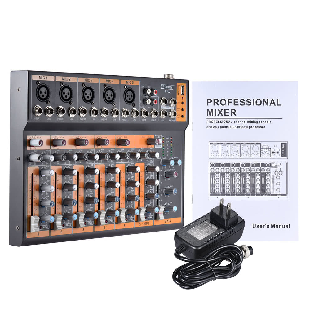 Portable 7-Channel Mic Line Audio Mixer Mixing Console 3-band EQ USB Interface 48V Phantom Power
