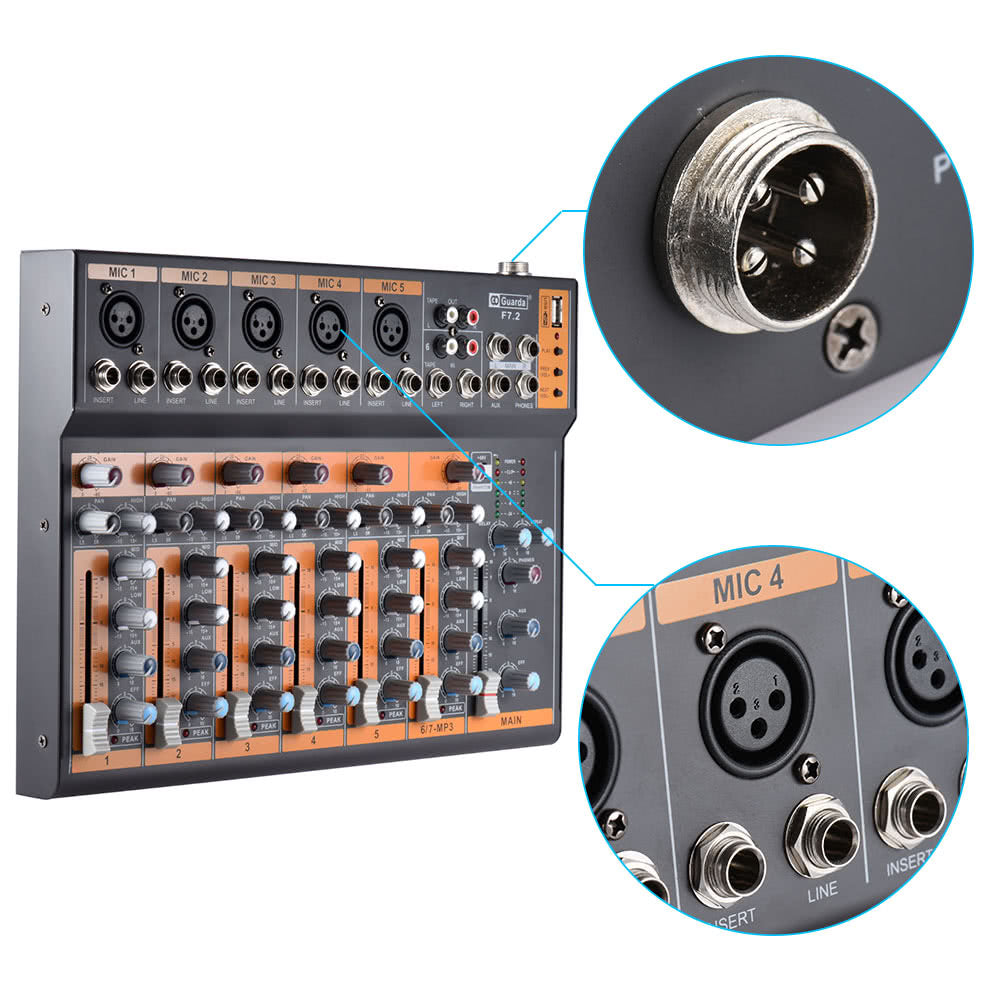 Portable 7-Channel Mic Line Audio Mixer Mixing Console 3-band EQ USB Interface 48V Phantom Power