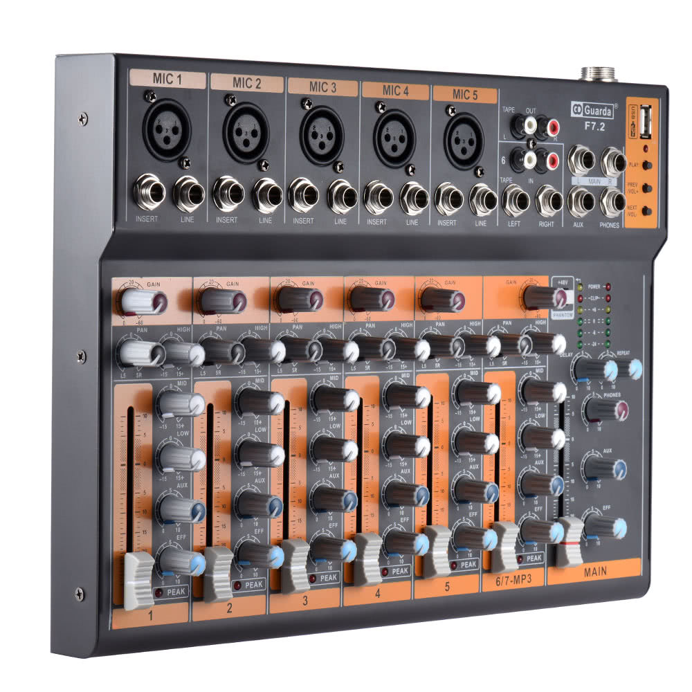 Portable 7-Channel Mic Line Audio Mixer Mixing Console 3-band EQ USB Interface 48V Phantom Power