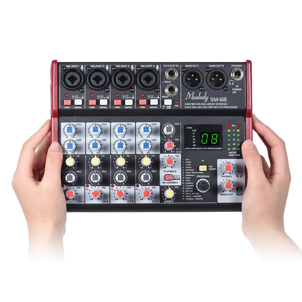 Portable 6-Channel Sound Card Mixing Console Mixer Built-in 16 Effects with USB Audio Interface