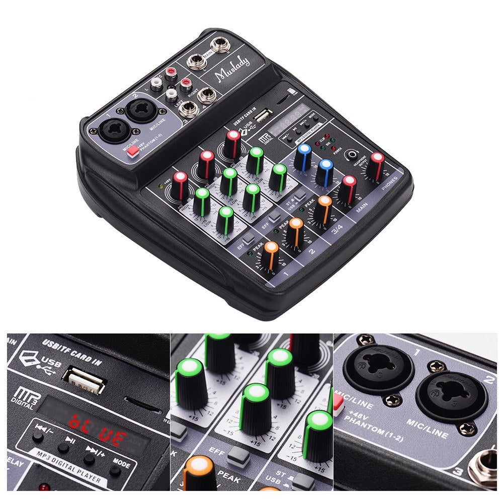 Compact Sound Card Mixing Console Digital Audio Mixer 4-Channel BT MP3 USB Input +48V Phantom Power