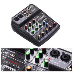 Compact Sound Card Mixing Console Digital Audio Mixer 4-Channel BT MP3 USB Input +48V Phantom Power