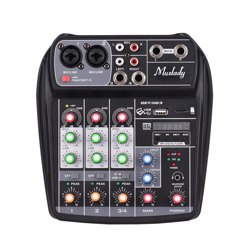 Compact Sound Card Mixing Console Digital Audio Mixer 4-Channel BT MP3 USB Input +48V Phantom Power