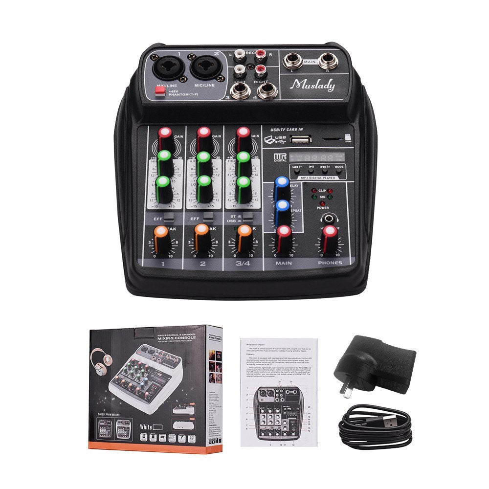 Compact Sound Card Mixing Console Digital Audio Mixer 4-Channel BT MP3 USB Input +48V Phantom Power