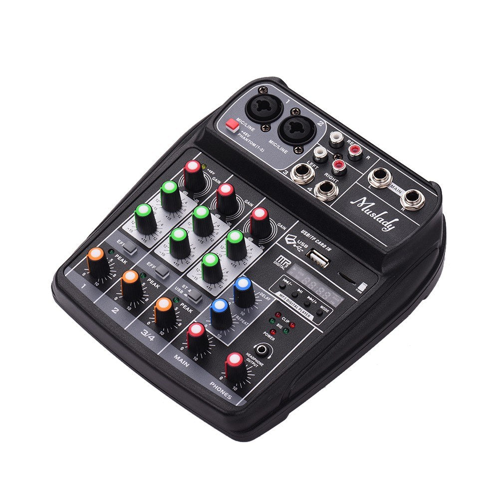 Compact Sound Card Mixing Console Digital Audio Mixer 4-Channel BT MP3 USB Input +48V Phantom Power
