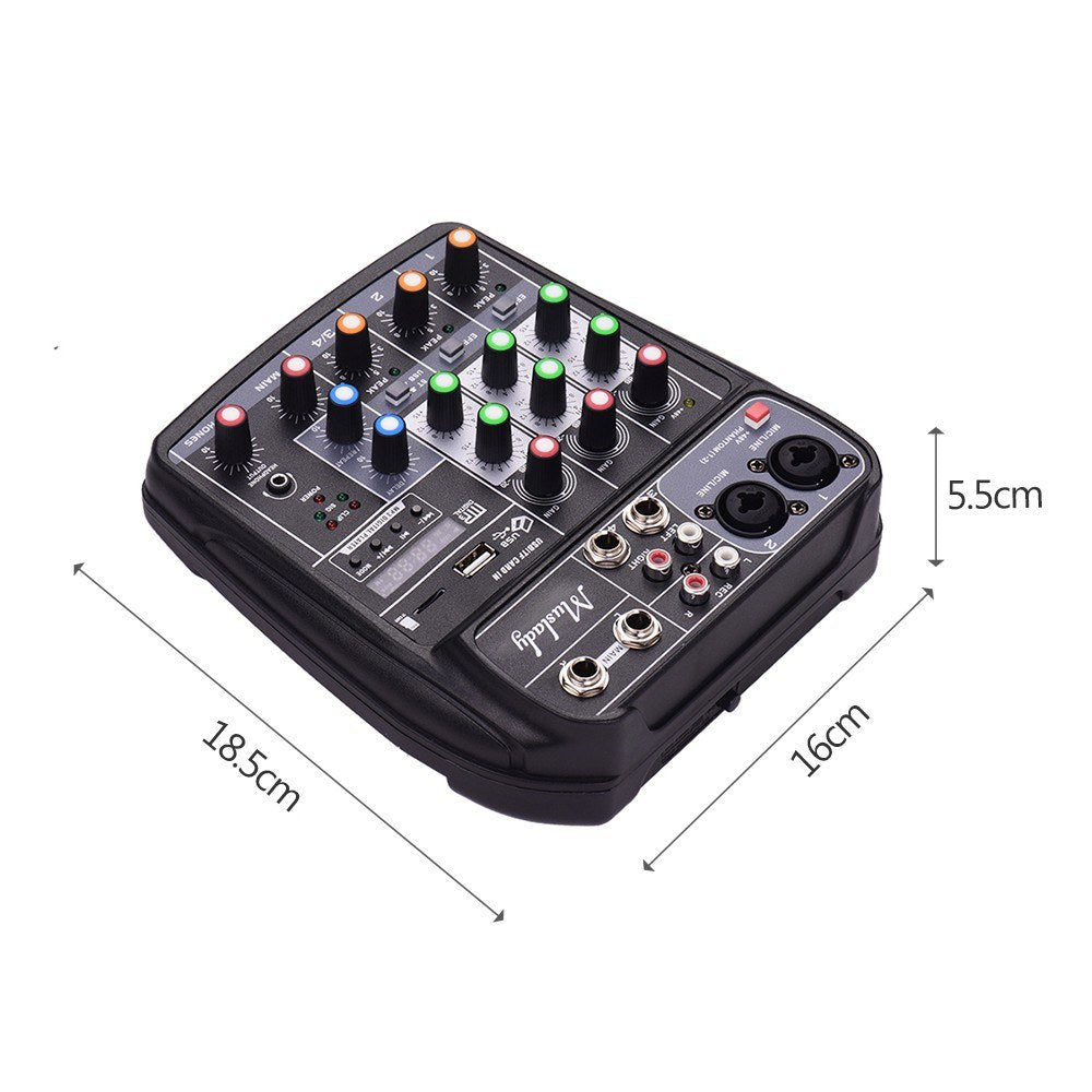 Compact Sound Card Mixing Console Digital Audio Mixer 4-Channel BT MP3 USB Input +48V Phantom Power