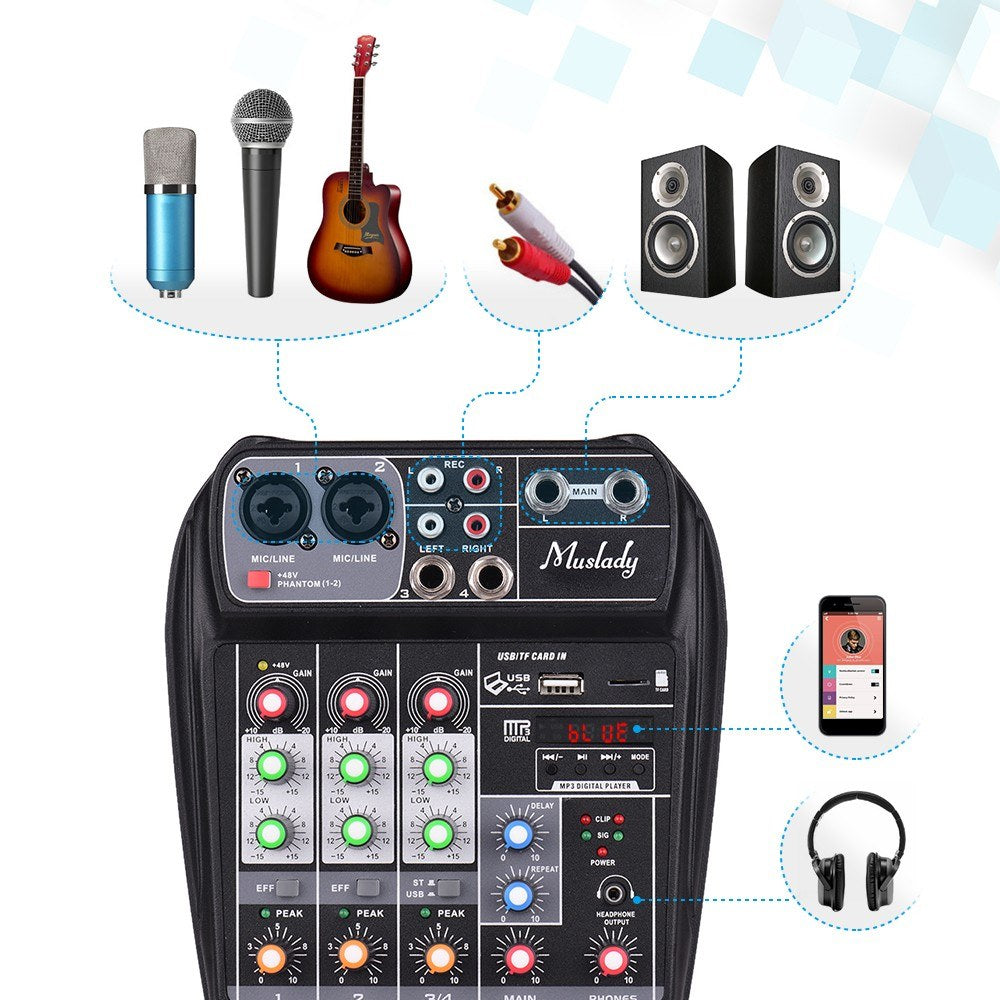Compact Sound Card Mixing Console Digital Audio Mixer 4-Channel BT MP3 USB Input +48V Phantom Power