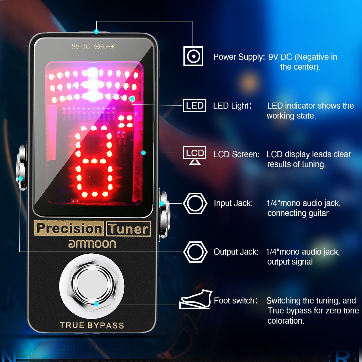 Chromatic Tuner Pedal Large LED Display Full Metal Shell with True Bypass for Guitar Bass