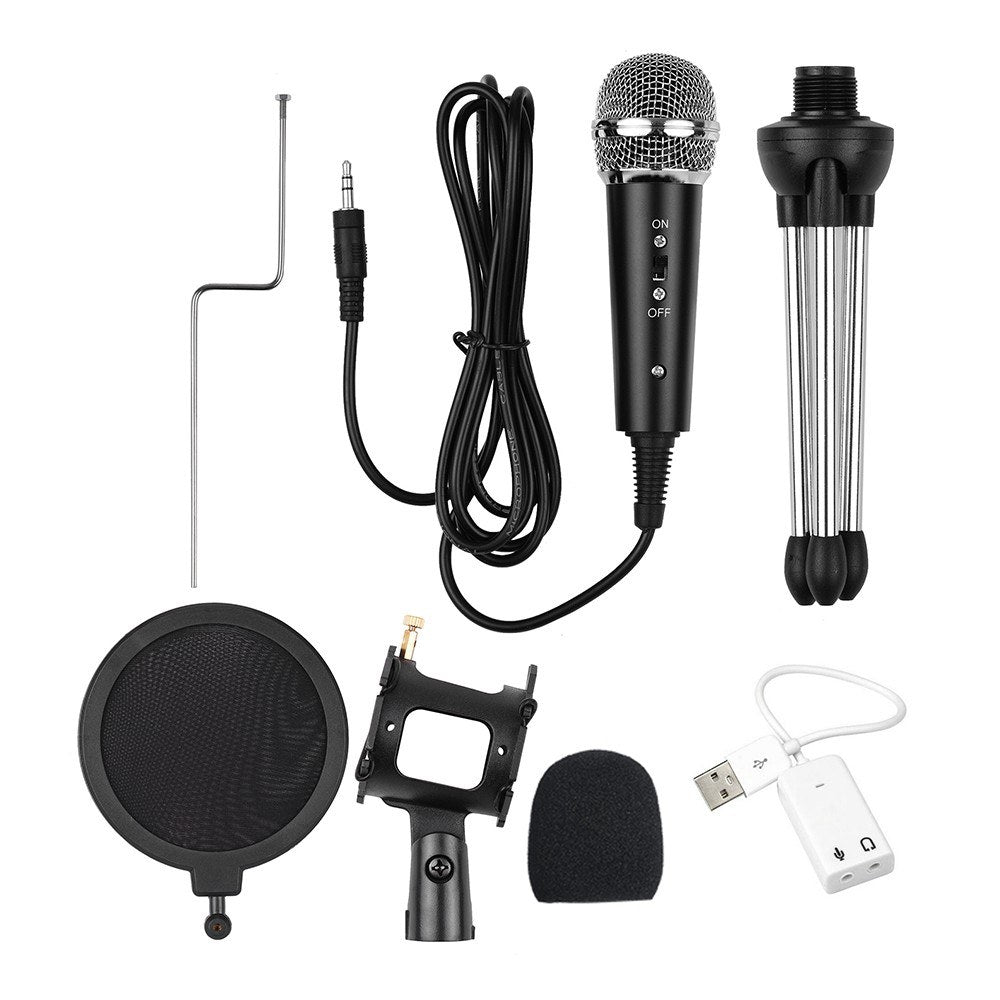 Video Microphone Kit with Mini Tripod Shock Mount Pop Filter Windshield USB Adapter Cable 3.5mm TRS Plug